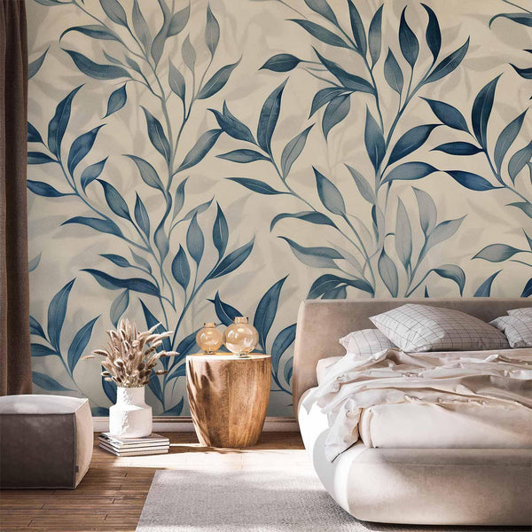 Carta da parati - Leaves in Blue Colors Delicate Botanical Motif