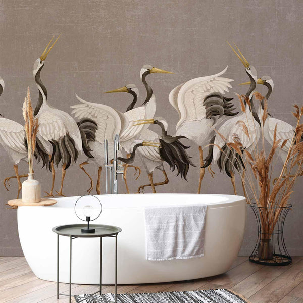 Carta da parati - Crane dance – bright silhouettes of birds against a warm grey background with texture