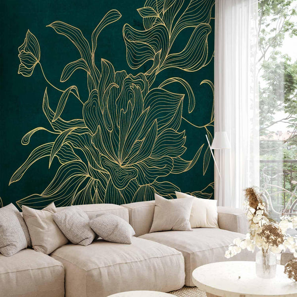 Carta da parati - Green boudoir - linear drawing of a flower in golden colours on a dark background