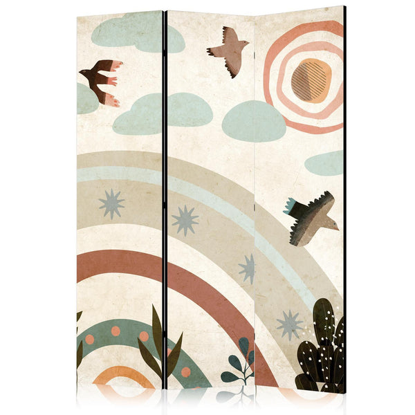 Paravento - Sun Above the Rainbow - Birds in Subdued Colors Flying Among Clouds Above a Rainbow and Vegetation on a Light Beige Background