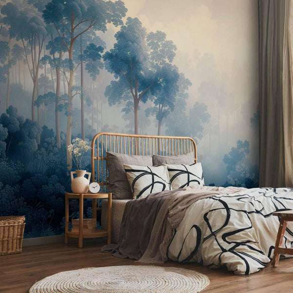 Carta da parati - Landscape with Trees in Illustrative Style Fairy-Tale Blue Forest