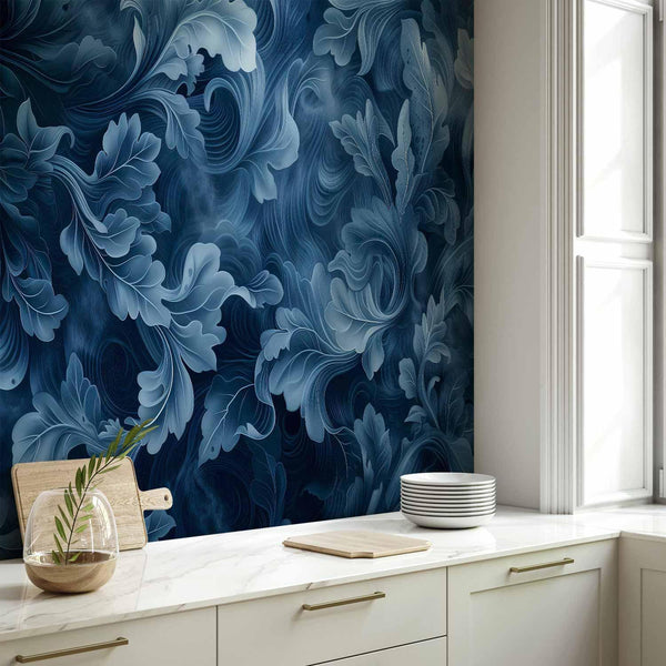 Carta da parati - Abstract Ornaments: Dark Blue Victorian Leaves