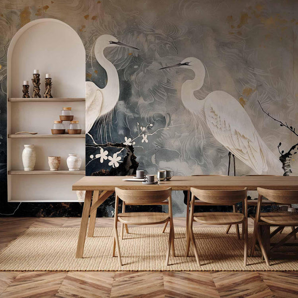 Carta da parati - Herons and cherry blossoms - oriental-style illustration depicting birds