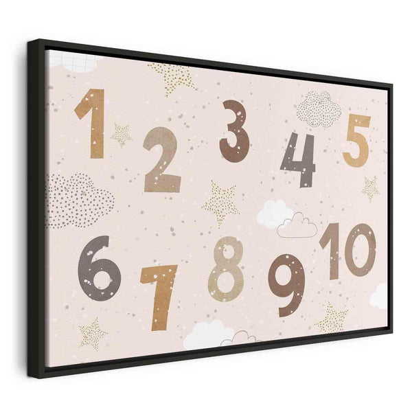 Quadro - Jumping Numbers - Numbers in a Subdued Beige-Brown Hue Among Snowflakes Stars and Clouds