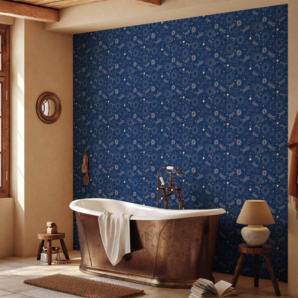 Tappezzeria murale - Cosmic Fantasy - Pattern with Suns - Moons - and Dragonflies on a Dark Background