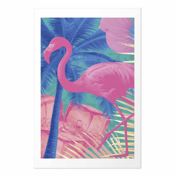 Poster - Pink Flamingo - abstract flamingo against a background of palm trees and ice cubes