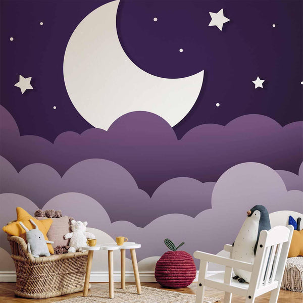 Carta da parati - Moon dream - clouds in a purple sky with stars for children
