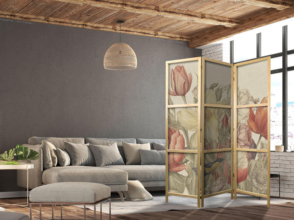 Paravento giapponese - Bouquet with Tulips - Colorful Flowers on a Light Background - Illustration