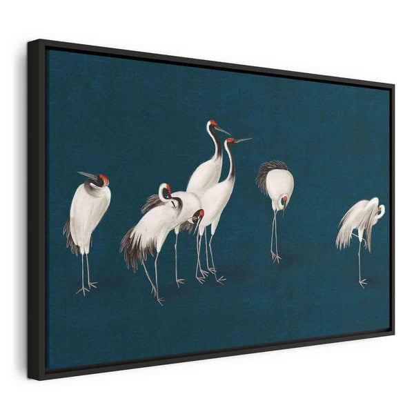 Quadro - Evening by the pond - a group of cranes drawn in dry pastel on a dark turquoise background