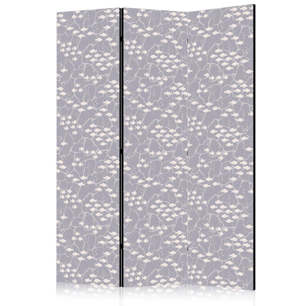 Paravento - Underwater School of Small Fish - Tiny Light-Beige Fishes Against Marine Depths in Grey Shades