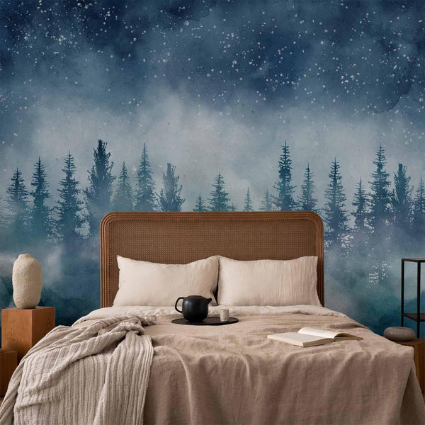 Carta da parati - Night landscape - landscape of a misty forest at night with a starry sky