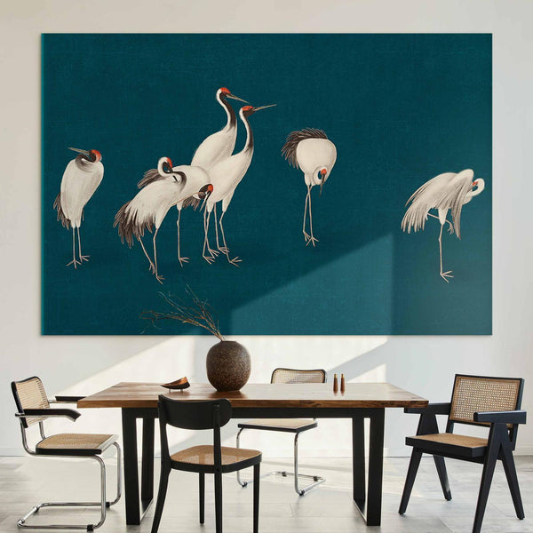 Quadro XXL - Evening by the pond - a group of cranes drawn in dry pastel on a dark turquoise background