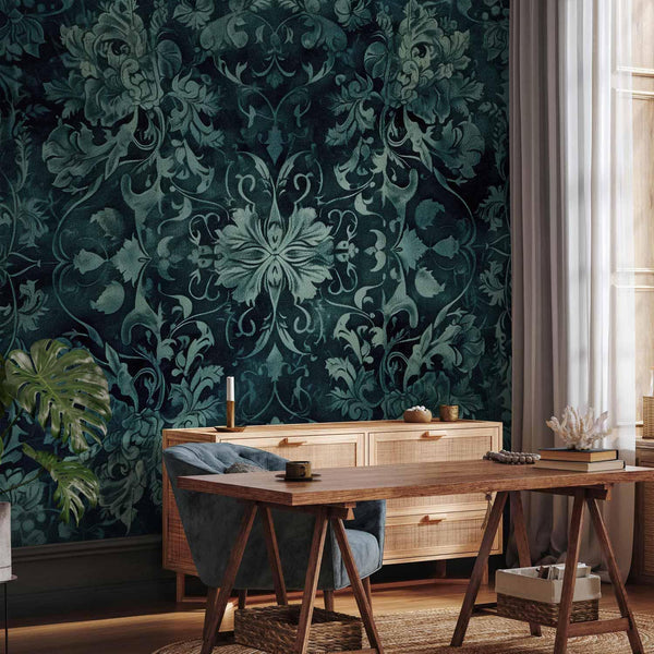 Carta da parati - Oriental Pattern Carpet: Emerald Ornaments and Worn Patterns