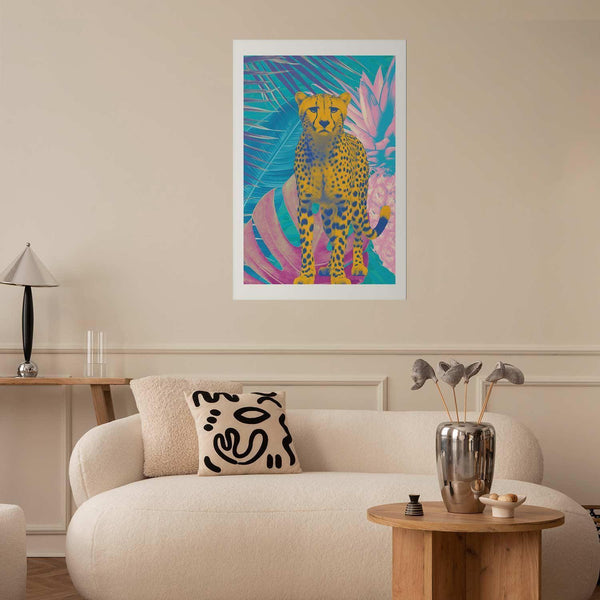 Poster - Exotic Leopard - colorful portrait of a cheetah against tropical leaves