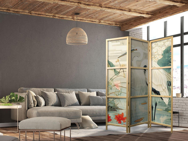 Paravento giapponese - By an Asian pond - an illustration in the style of a Japanese engraving, depicting a heron