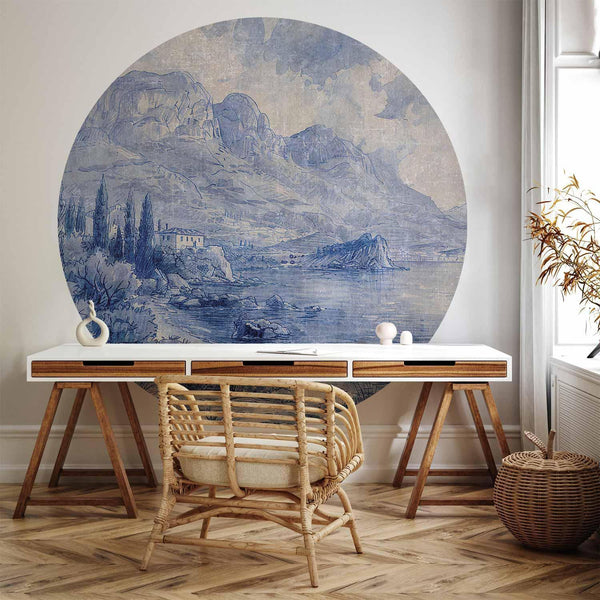 Carta da parati rotonda - Blue bay - Italian landscape of Lake Como painted with blue ink