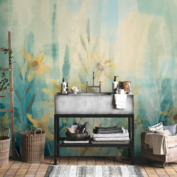 Carta da parati - A touch of summer - floral motif with a meadow of flowers in blue tones