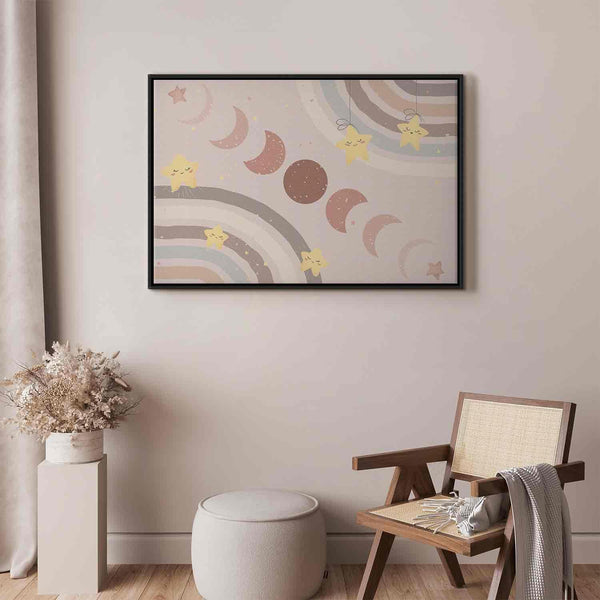 Quadro - Joyful Sky - Yellow Cheerful Stars with a Rainbow Against the Phases of the Moon in a Light Beige Sky Hue