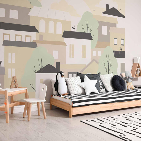 Carta da parati - Yellow town - city suburb with trees and cats for children