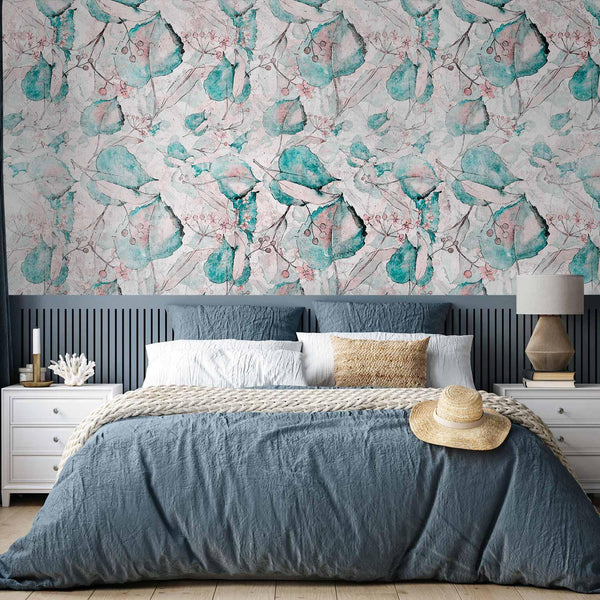 Carta da parati - Autumn souvenirs - floral pattern with turquoise leaves