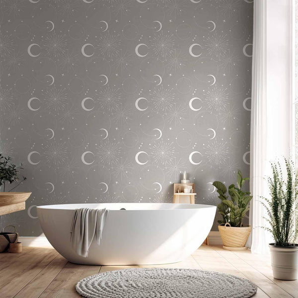 Tappezzeria murale - Cosmic Fireworks - Elegant pattern with moons and stars on a gray background