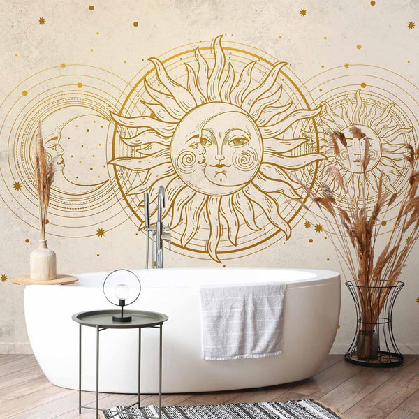 Carta da parati - Golden Sun and Moon - Artistic Illustration in Retro Style