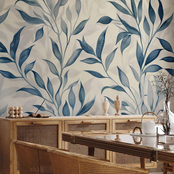 Carta da parati - Leaves in Blue Colors Delicate Botanical Motif