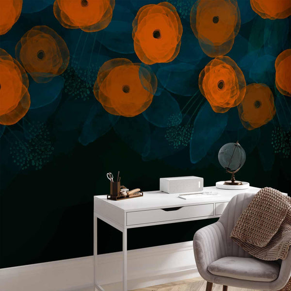 Carta da parati - Watercolour composition - orange patterns on a delicate leaf background
