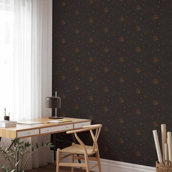 Tappezzeria murale - Night Sky - Artistic Composition of Suns and Planets on a Black Background