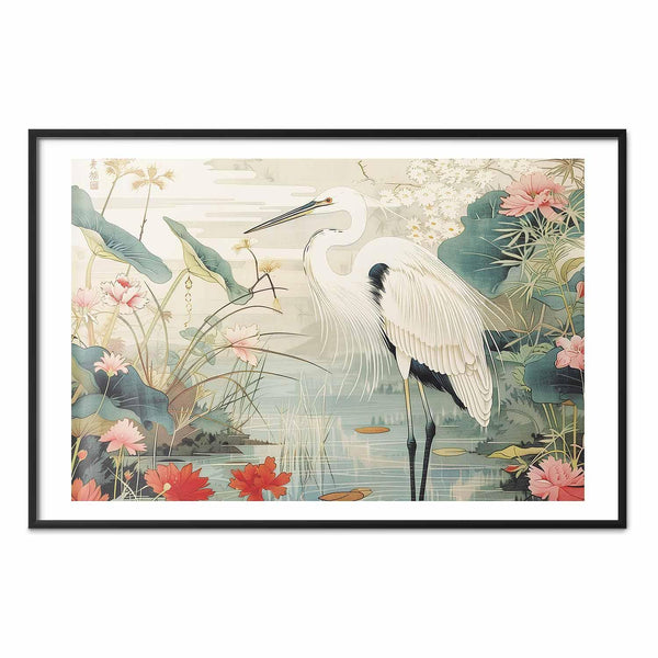 Poster - Over the Asian Pond - illustration in the Japanese print style featuring a heron