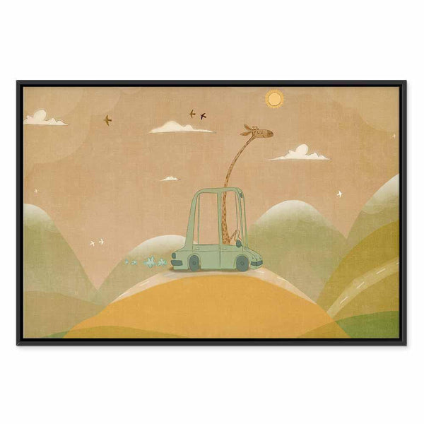 Quadro - Dreamy Traveler - A Cheerful Giraffe Driving a Car on a Sunny Day