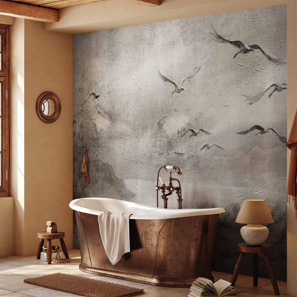 Carta da parati - Swan flight - abstract landscape of birds over a lake with texture