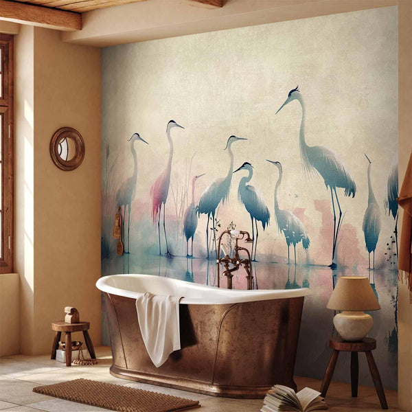 Carta da parati - Birds by the lake - herons painted in watercolour in delicate grey and pink colours