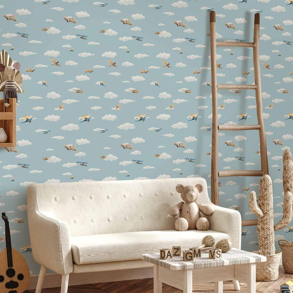 Tappezzeria murale - Illustration - Yellow-blue airplanes against a blue sky