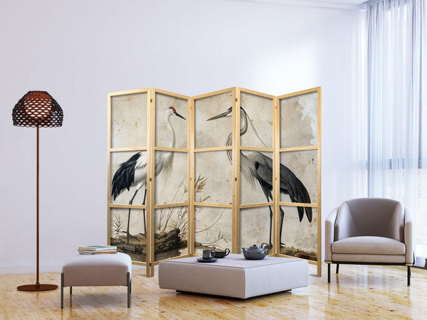 Paravento giapponese - Birds from an old engraving - vintage-style illustration depicting a heron and a crane