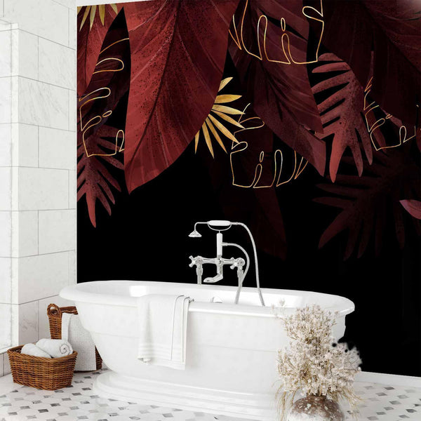 Carta da parati - Jungle and composition - red and gold leaf motif on black background