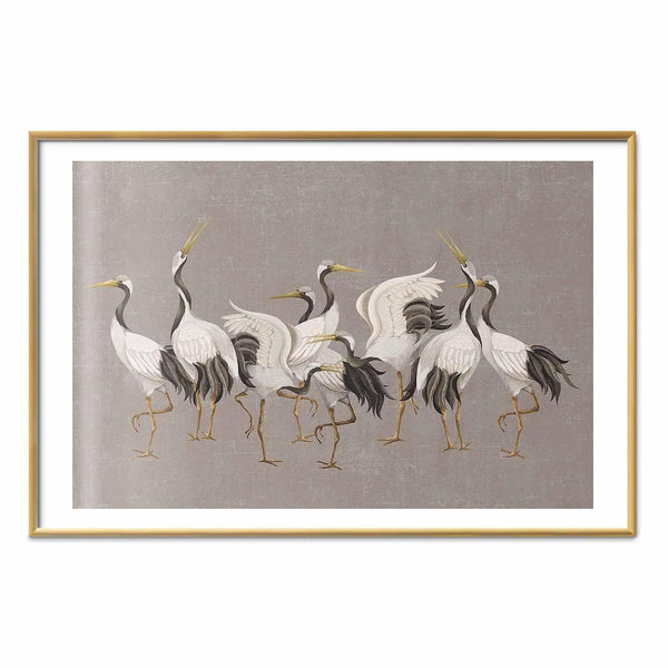 Poster - Crane Dance - light bird silhouettes on a warm-gray textured background