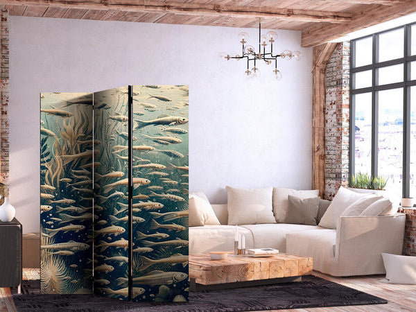 Paravento - Life in the Ocean - Underwater World of Fish and Vegetation in Beige and Navy Colors in Retro Style