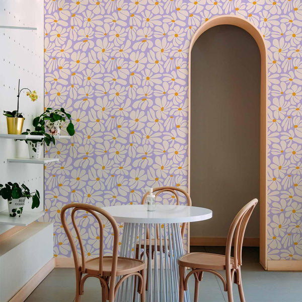 Tappezzeria murale - Cute Creamy Little Flowers - Small flowers with creamy - wind-blown petals on a blue background