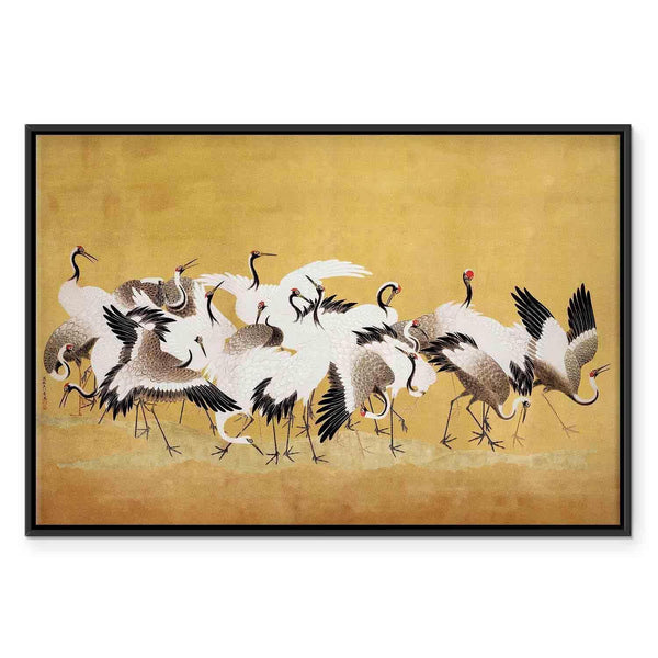 Quadro - Japanese cranes - a flock of birds against a golden background based on a painting by Ishida Yūtei