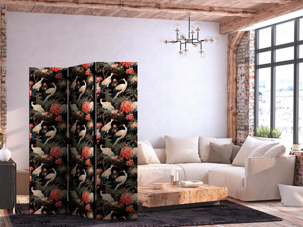 Paravento - Ornament with birds - silhouettes of cranes and peony flowers on a dark background