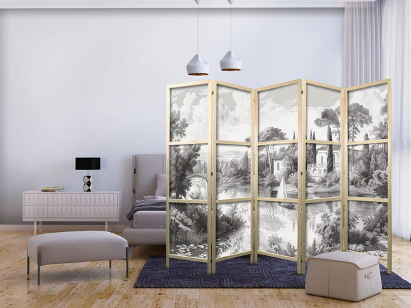 Paravento giapponese - Black and White Vintage Landscape - Retro View of a Pond with a Boat