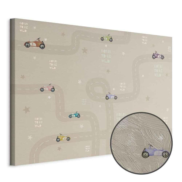Quadro - Race - Colorful Cars on a Road on a Beige Background with Inscriptions