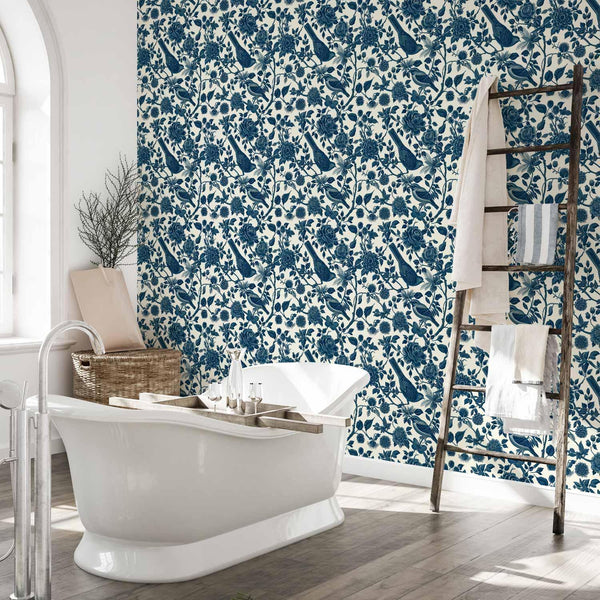 Tappezzeria murale - Birds and roses - monochrome blue pattern with botanical motif