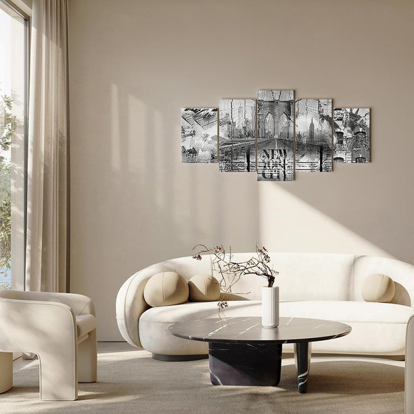 Quadro - New York City Collage (5 Parts) Wide Black and White