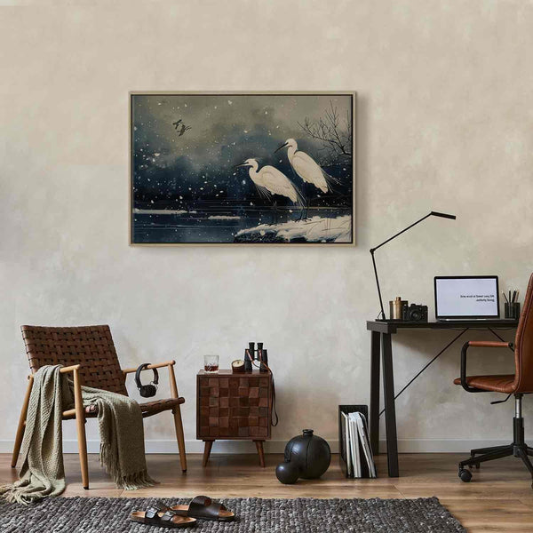 Quadro - Herons over a winter pond - Japanese-style illustration in dark colours