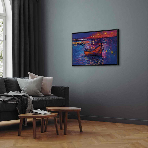 Quadro - Modern impressionism - night landscape of a lake with a floating boat