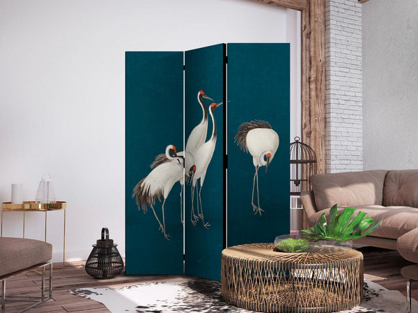 Paravento - Evening by the pond - a group of cranes drawn with dry pastels on a dark turquoise background