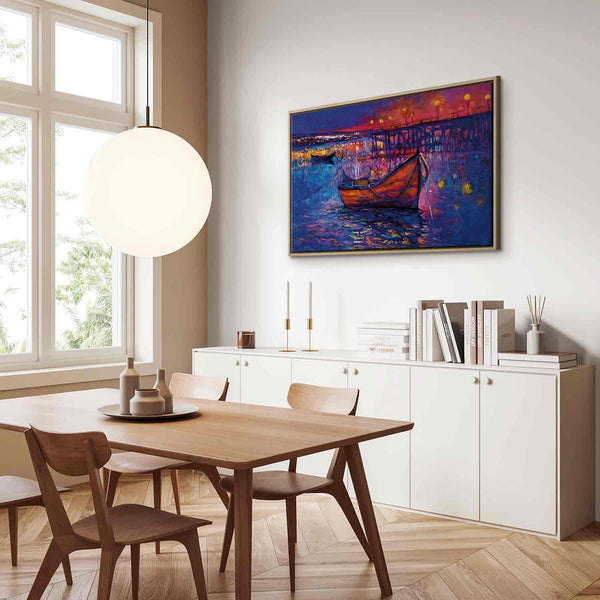 Quadro - Modern impressionism - night landscape of a lake with a floating boat