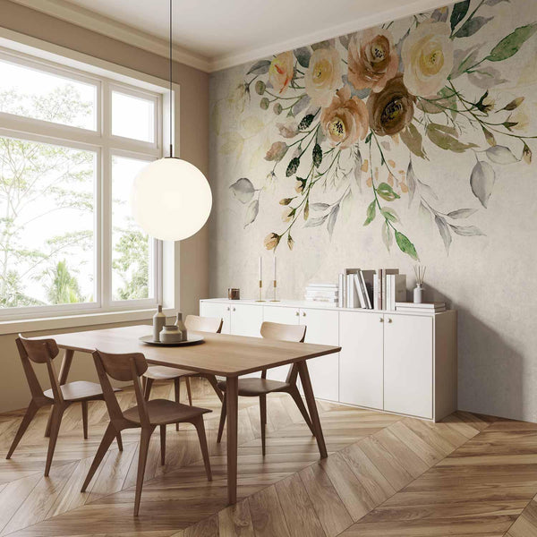 Carta da parati - Summer bloom - retro floral motif with flowers and leaves with patterns
